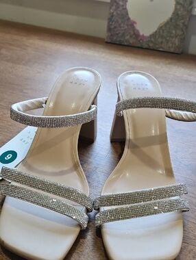 a new day Champagne Rhinestone Strap Block Heel Mules